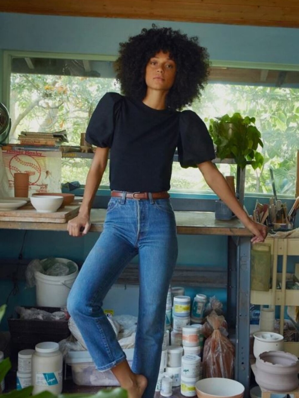 Nation Stacey Tee With Bubble Hem Sleeves - Jet Black Size XS